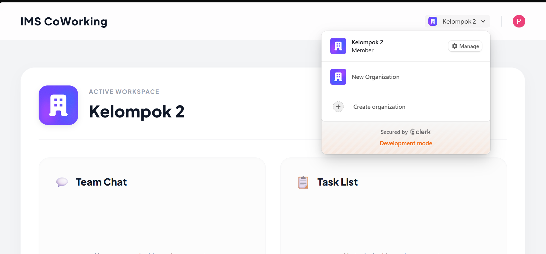 IMS CoWorking team task and chat interface preview